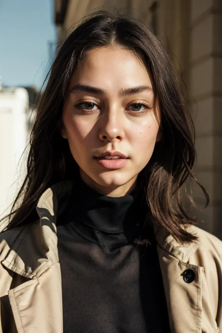 AI generated image of a young woman with long dark hair wearing a beige coat over a black turtleneck, standing outdoors with a slightly blurred urban background. Created using Stable Diffusion.