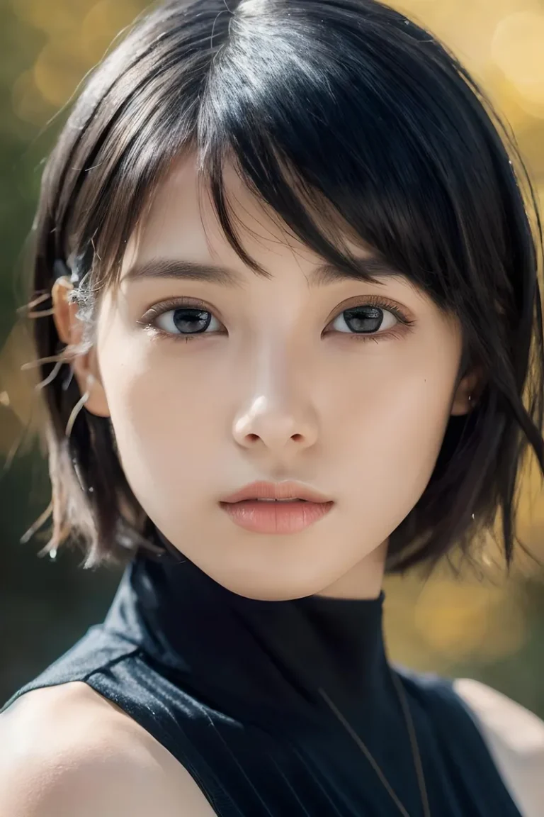 Realistic portrait of a young woman with short black hair and natural makeup, created using AI with Stable Diffusion.