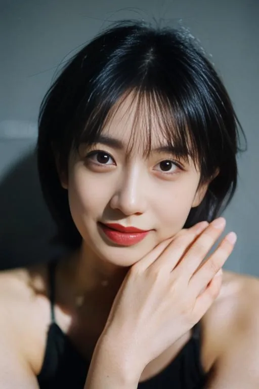 Close-up portrait of a young woman with short black hair, wearing red lipstick and a black strap dress, looking directly at the camera and resting her hand on her face. AI generated image using Stable Diffusion.