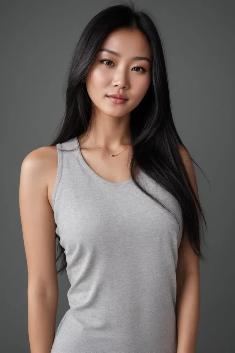 An AI generated image using stable diffusion depicting a young woman with long dark hair wearing a grey tank top, posing against a neutral background.