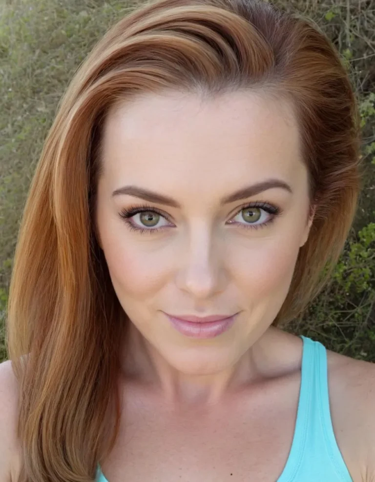 Close-up portrait of a young woman with red hair, wearing a light blue top, showcasing clear skin, green eyes, and neutral makeup. AI generated image using Stable Diffusion.