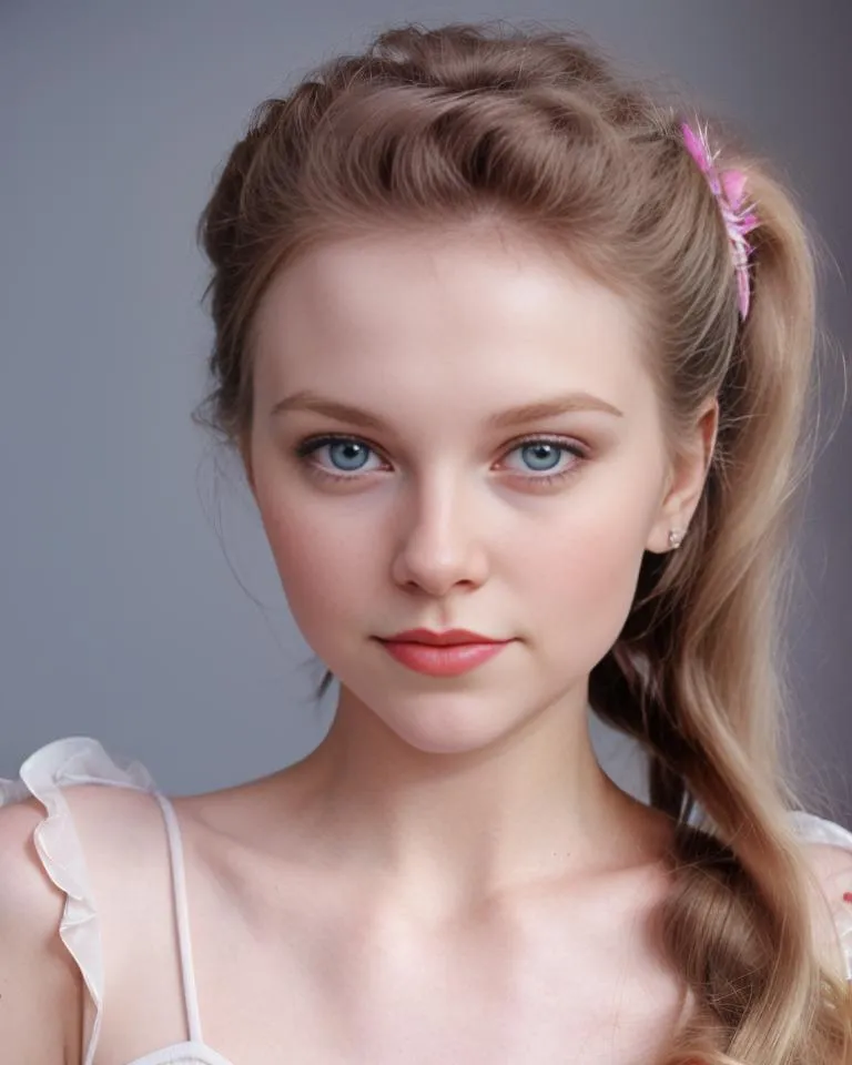 A close-up portrait of a young woman with fair skin, blue eyes, and blonde hair styled in a loose braid with a pink hair clip, wearing a delicate white top. AI-generated using Stable Diffusion.