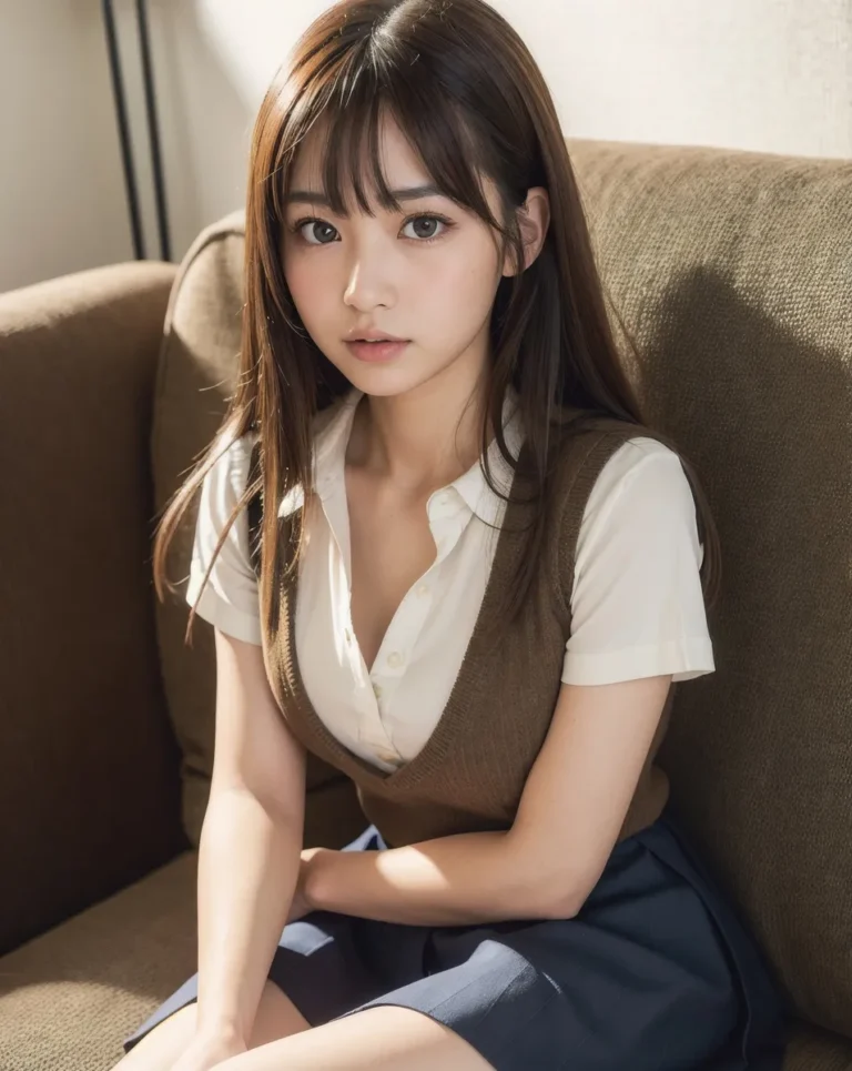 A realistic AI-generated image of a young woman with long brown hair and bangs, sitting on a brown sofa in a school uniform. Created using Stable Diffusion.