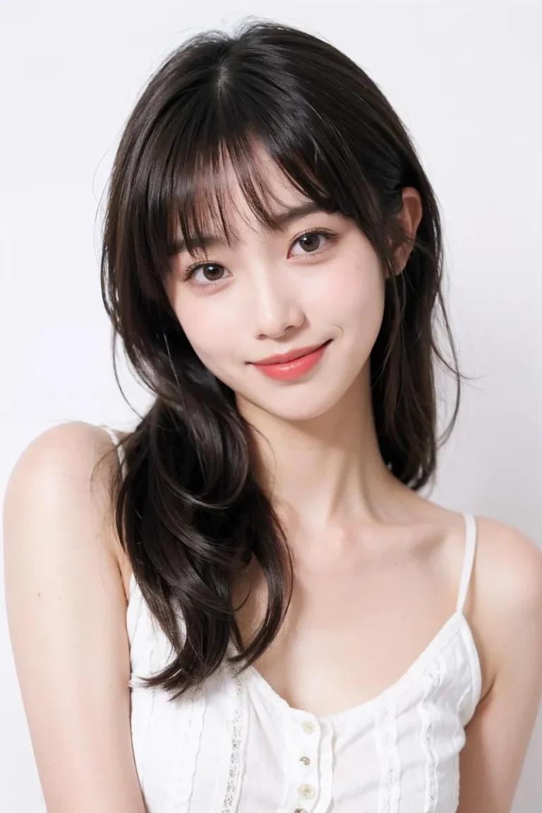 An AI generated image using Stable Diffusion of a young woman with long dark hair, wearing a white sleeveless top, smiling softly against a plain white background. The woman has fair skin, light makeup, and is looking directly at the camera.