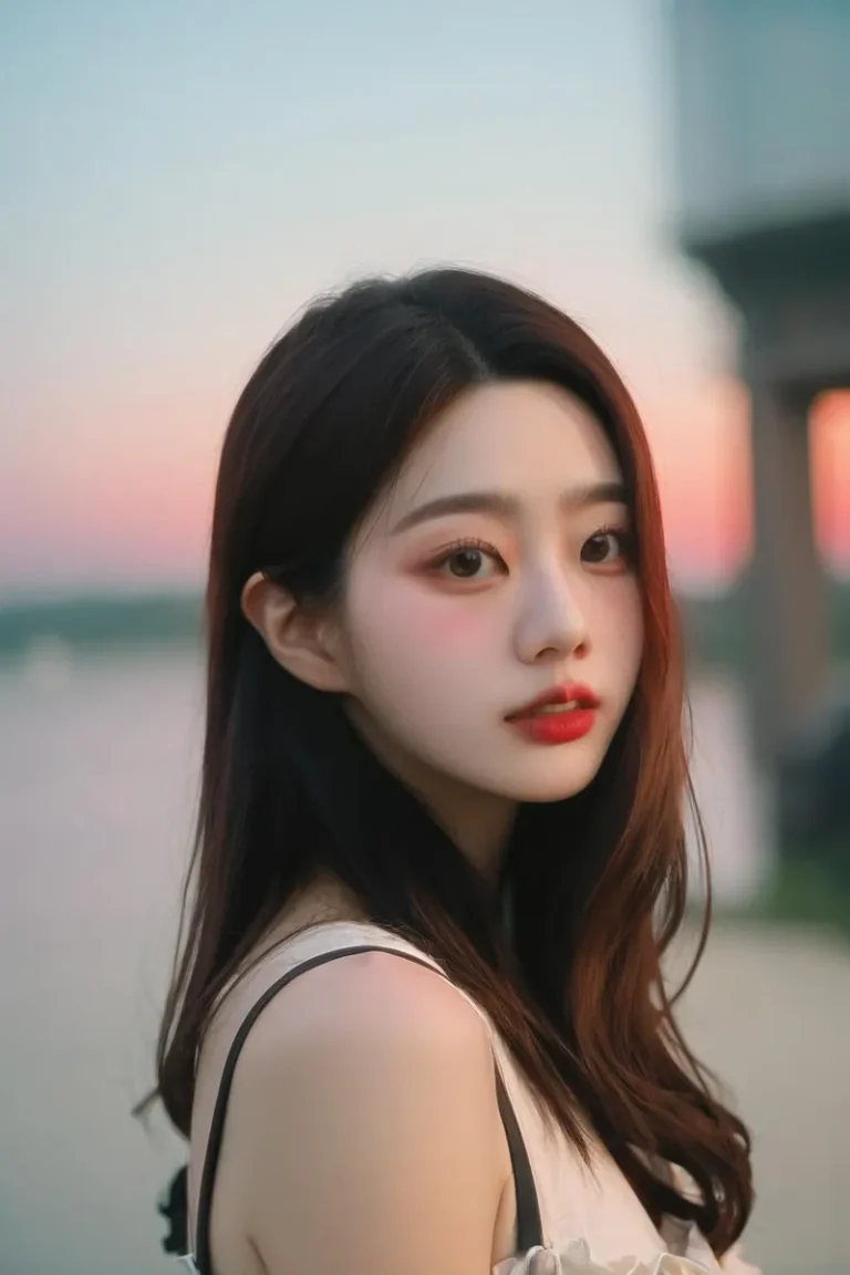 AI generated image using Stable Diffusion of a young woman with long dark hair and red lips, wearing a white sleeveless top, gazing towards the camera with a sunset background.