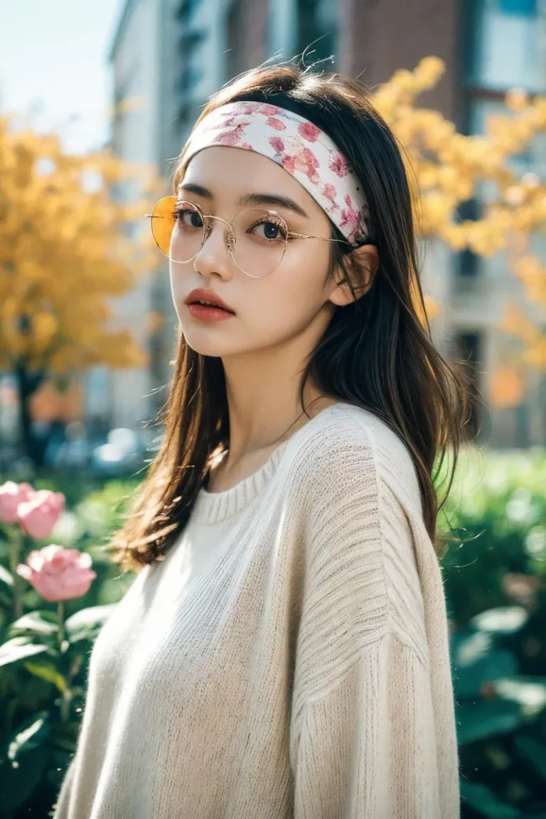 Portrait of a young woman wearing glasses and a floral headband, with a background of yellow autumn leaves and pink flowers. AI generated using Stable Diffusion.