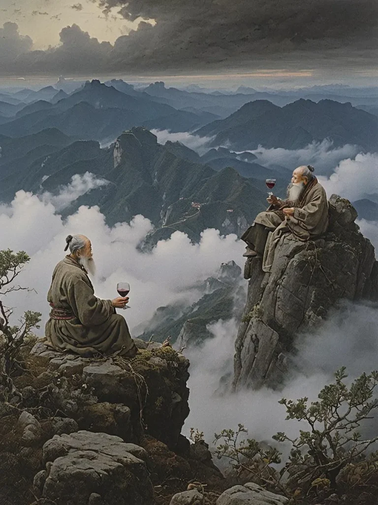 Two elderly Zen monks in traditional robes sitting on separate rocky cliffs, each holding a glass of wine, with a background of misty mountains and dramatic cloud cover, AI generated image using Stable Diffusion.