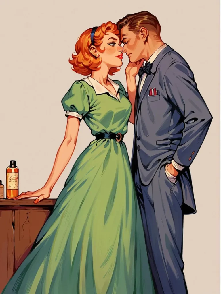 Retro AI generated image using stable diffusion of a romantic 1950s couple, with a red-haired woman in a green dress and a man in a gray suit, leaning in closely.