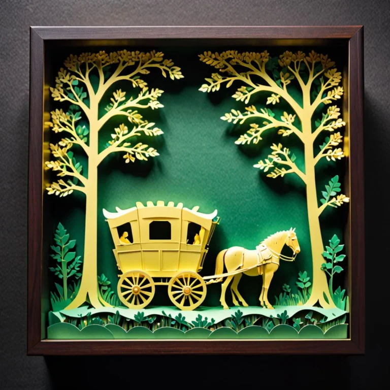 AI generated 3D paper cut art featuring a yellow horse carriage in a green forest, created using Stable Diffusion.