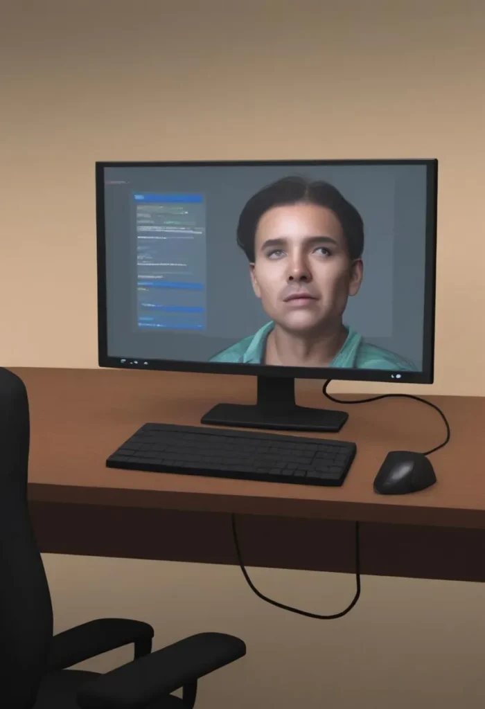 A computer monitor displaying a realistic virtual human face generated by AI using stable diffusion.