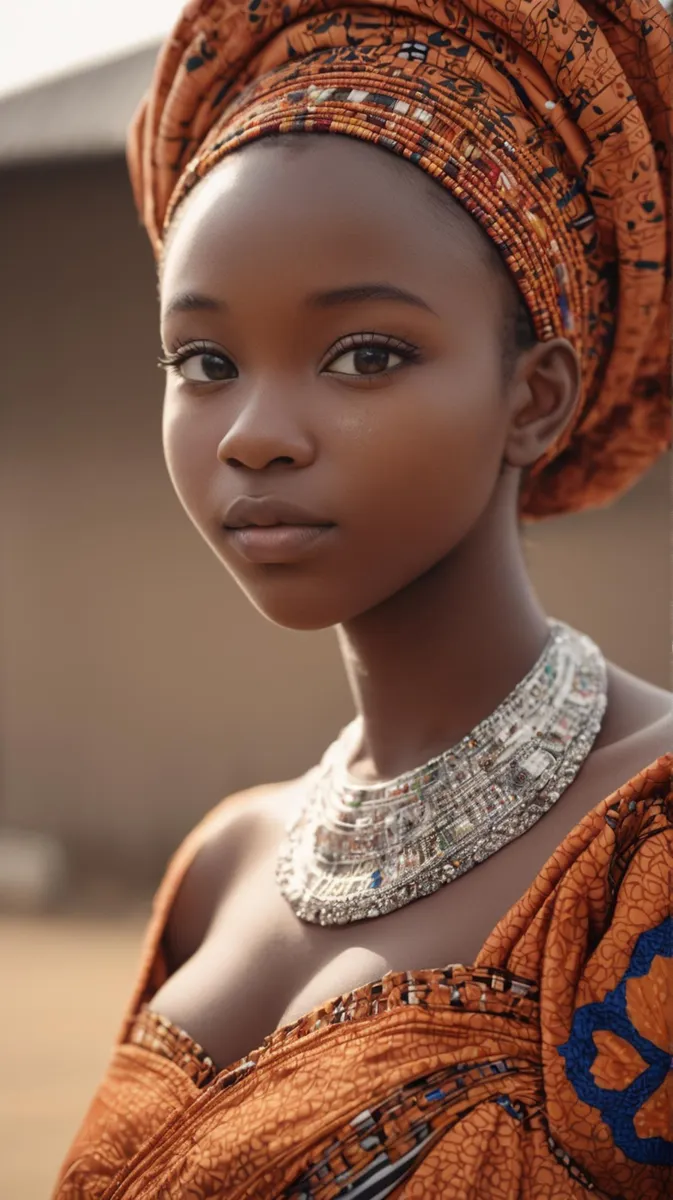 A young woman in vibrant traditional African attire and headwrap, AI-generated using Stable Diffusion.