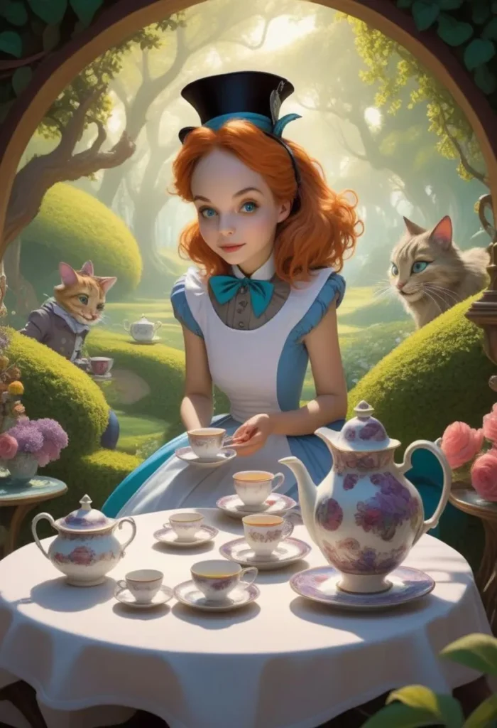 Alice in Wonderland inspired AI generated image using Stable Diffusion, showing Alice at a tea party with anthropomorphic cats in a magical garden.