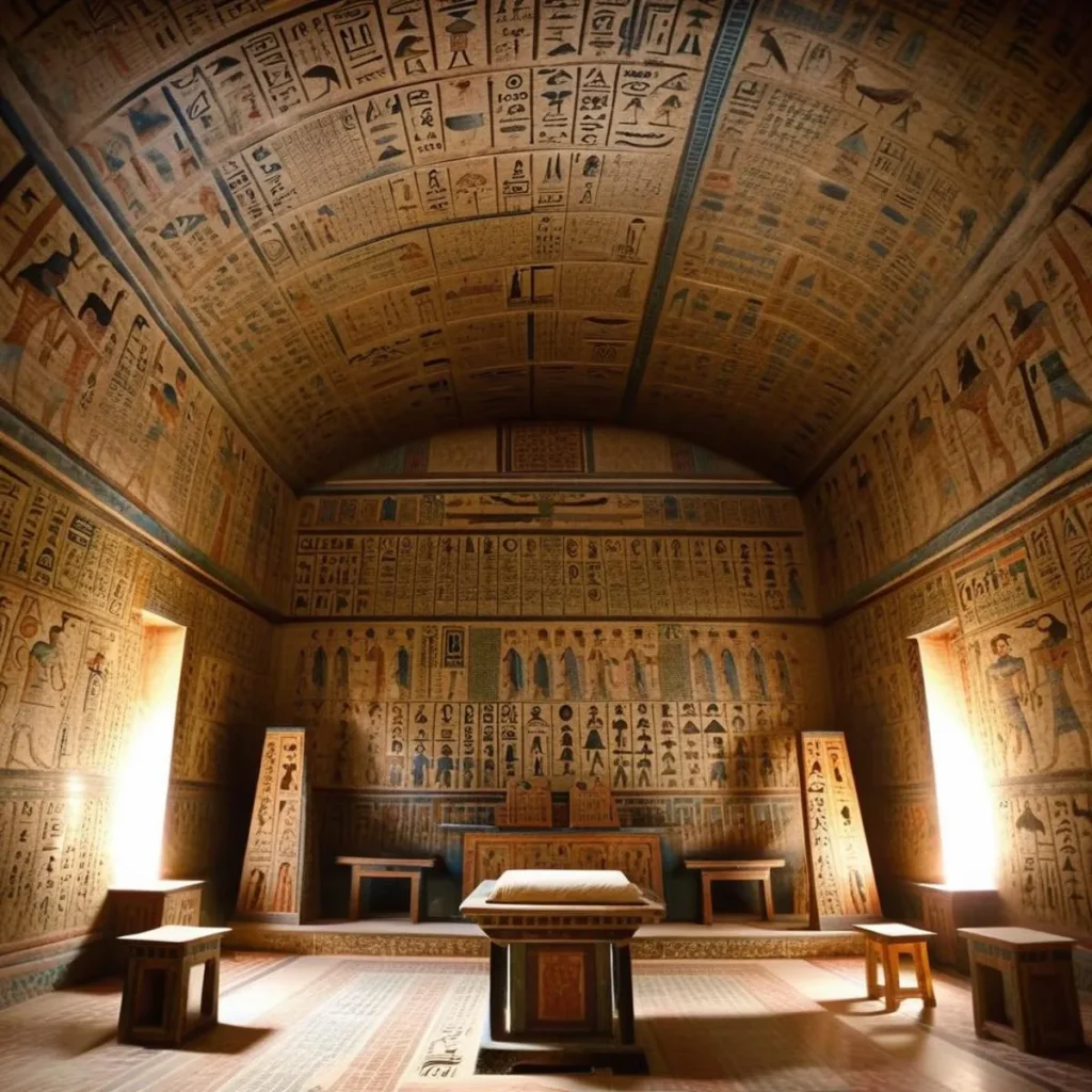 AI generated image using Stable Diffusion of an ancient Egyptian room covered with hieroglyphic art.