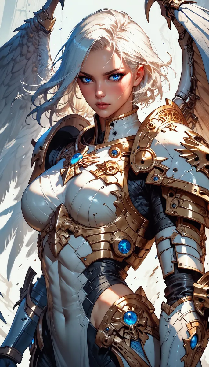 An AI generated image using stable diffusion depicting an angelic warrior-like woman with platinum-blonde hair, striking blue eyes, and detailed golden armor featuring blue gems. She has large angel wings.