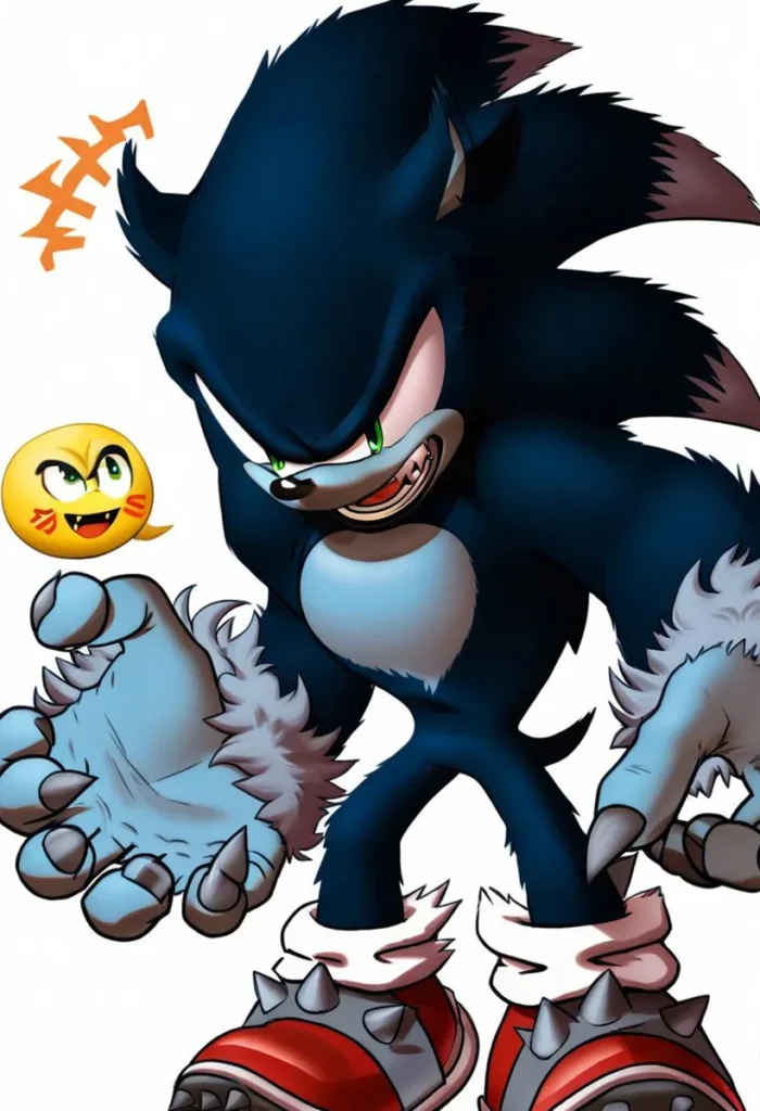 An angry cartoon wolf with sharp claws and an intense expression interacts with an emoticon in this AI generated image using Stable Diffusion.