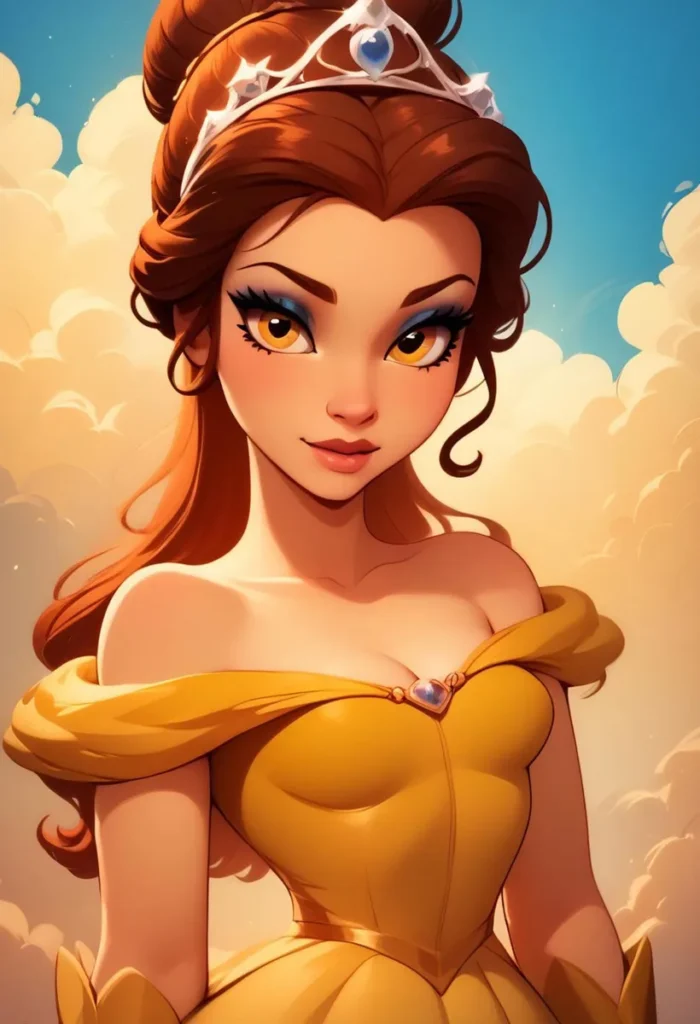 AI generated image using Stable Diffusion of a beautiful animated princess character with a golden dress and a tiara featuring a blue gem.