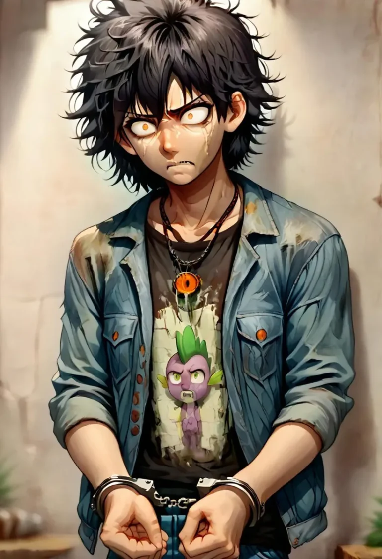 AI generated image of an anime-style, disheveled teenager with wild black hair, glowing yellow eyes, and an angry expression. Wearing a worn-out denim jacket over a T-shirt depicting a cartoonish character, and handcuffed.