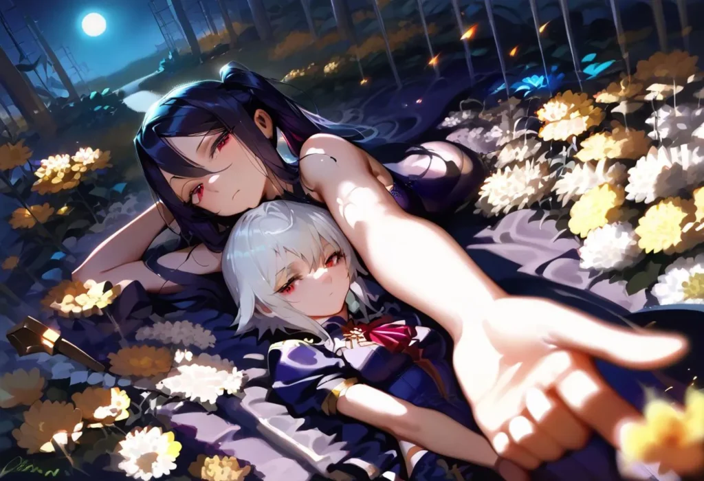 An AI-generated digital painting of two anime characters lying in a field of flowers under moonlight, created using Stable Diffusion.