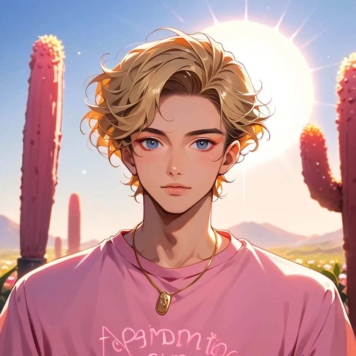 Adolescent anime character with blonde hair standing in a desert with cacti and a bright sun in the background. This image was created using Stable Diffusion.