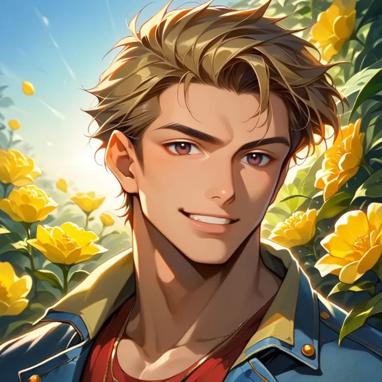Anime character of a smiling young man with blonde hair surrounded by yellow flowers, AI generated using Stable Diffusion.