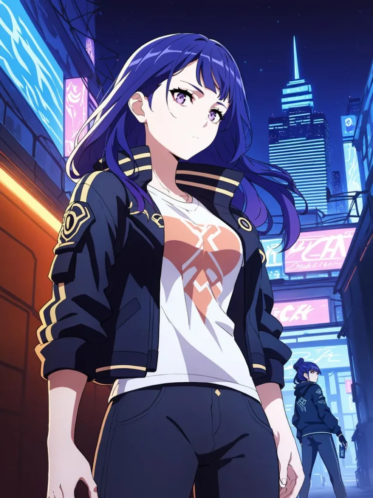 Anime style depiction of a female character with purple hair in a futuristic cityscape at night. AI generated image using Stable Diffusion.