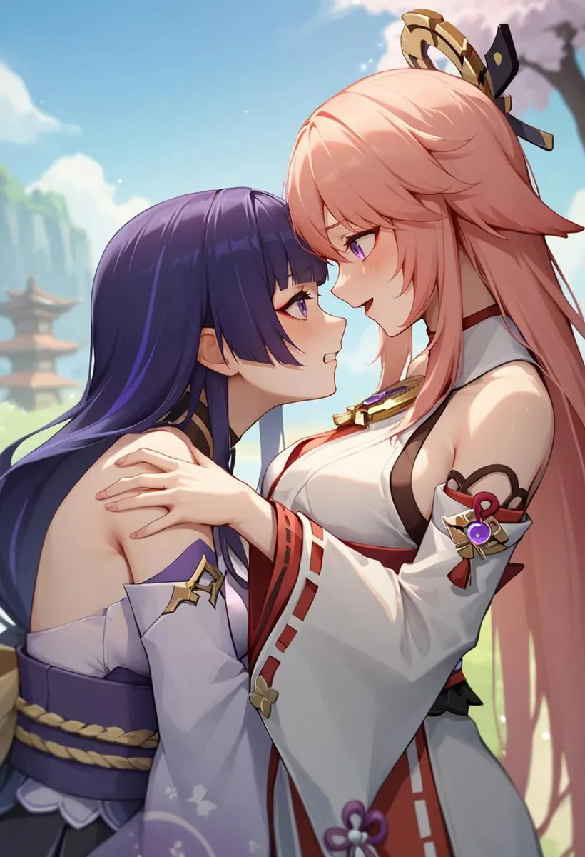 A detailed anime scene of a purple and pink-haired couple sharing a romantic moment. This is an AI generated image using Stable Diffusion.