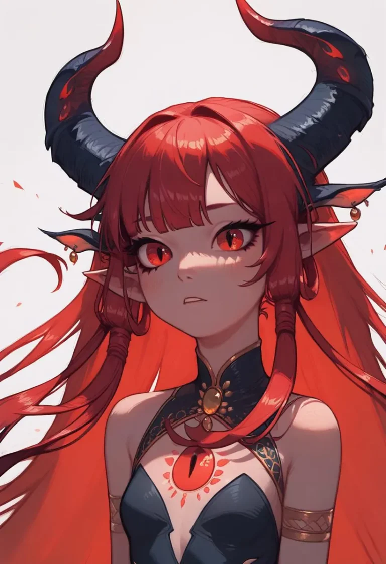 Anime demon girl with striking red hair, black horns, and captivating red eyes. AI generated image using Stable Diffusion.