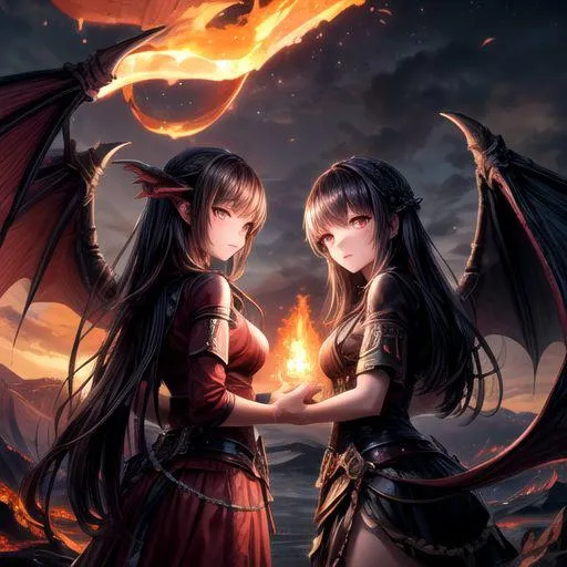 Two anime demon girls with horns and wings, holding flaming orbs in a mystical, surreal landscape at sunset, AI generated image using stable diffusion.