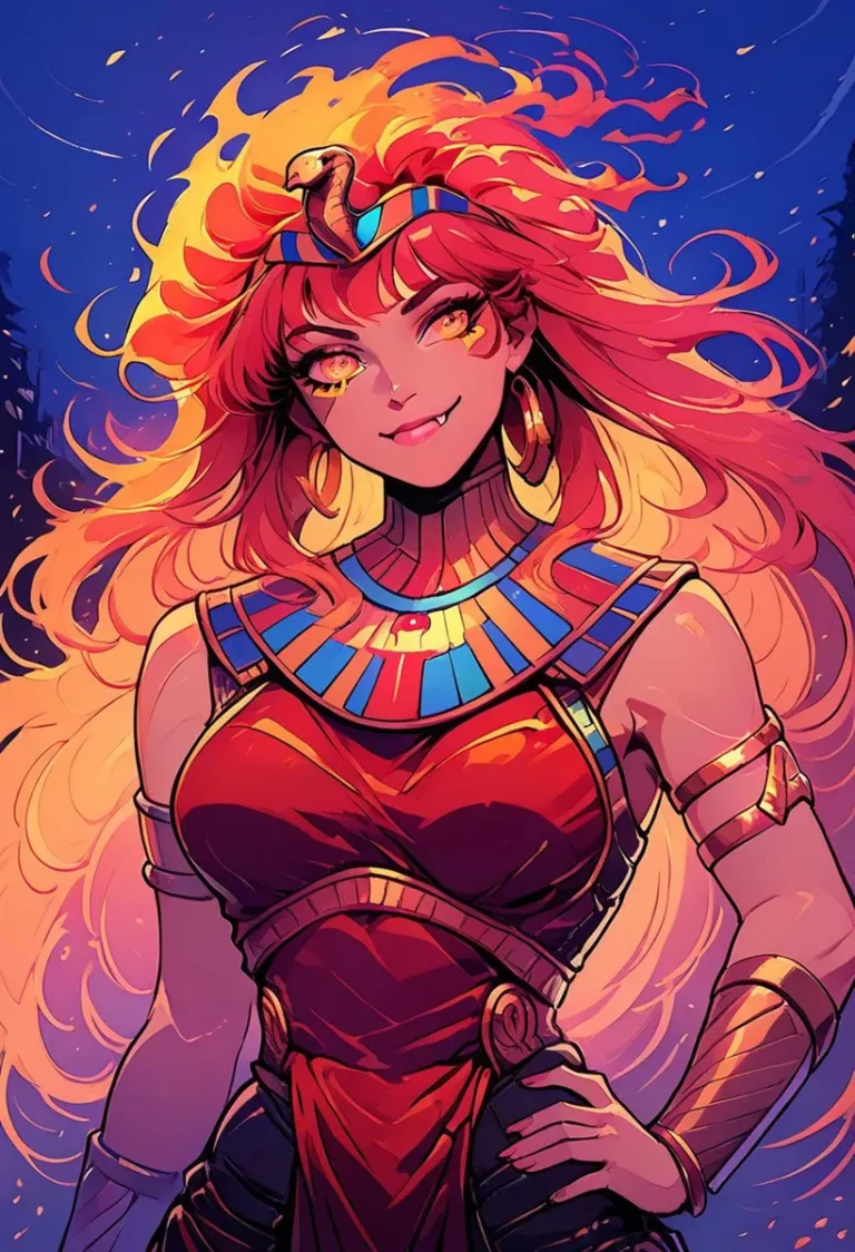 A vibrant anime-style depiction of an Egyptian goddess with fiery hair, created using Stable Diffusion.