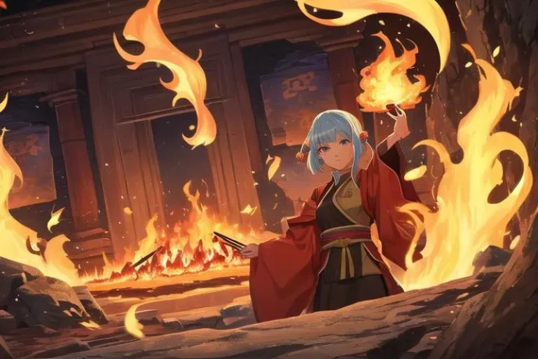 Anime character with blue hair in a red robe wielding fire magic in a burning ancient temple. This is an AI generated image using Stable Diffusion.