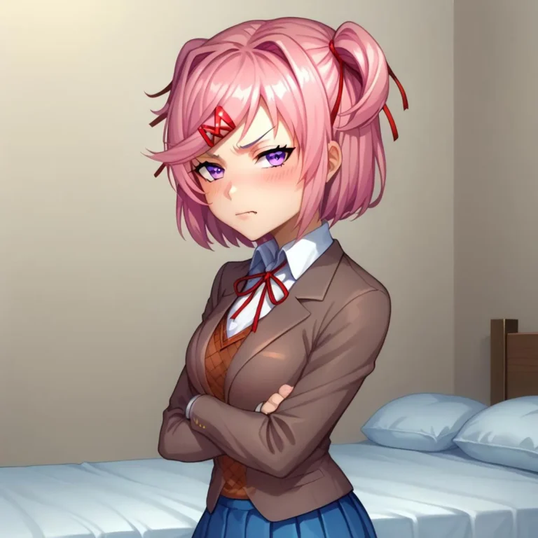 An AI generated image of an anime girl with pink hair and purple eyes, wearing a school uniform with a brown blazer and blue skirt, standing with arms crossed in front of an unmade bed using stable diffusion.