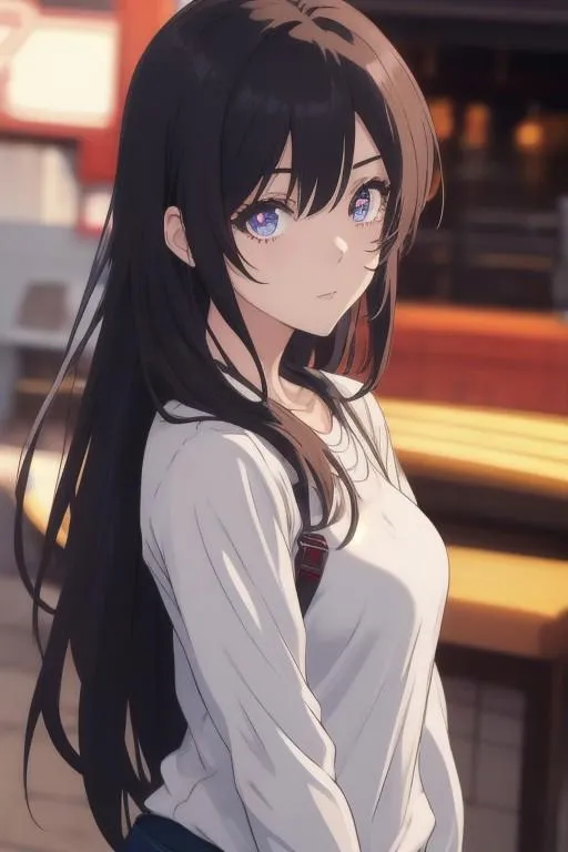 A stunning anime girl with long black hair, blue eyes, and a white shirt. AI-generated image using Stable Diffusion.