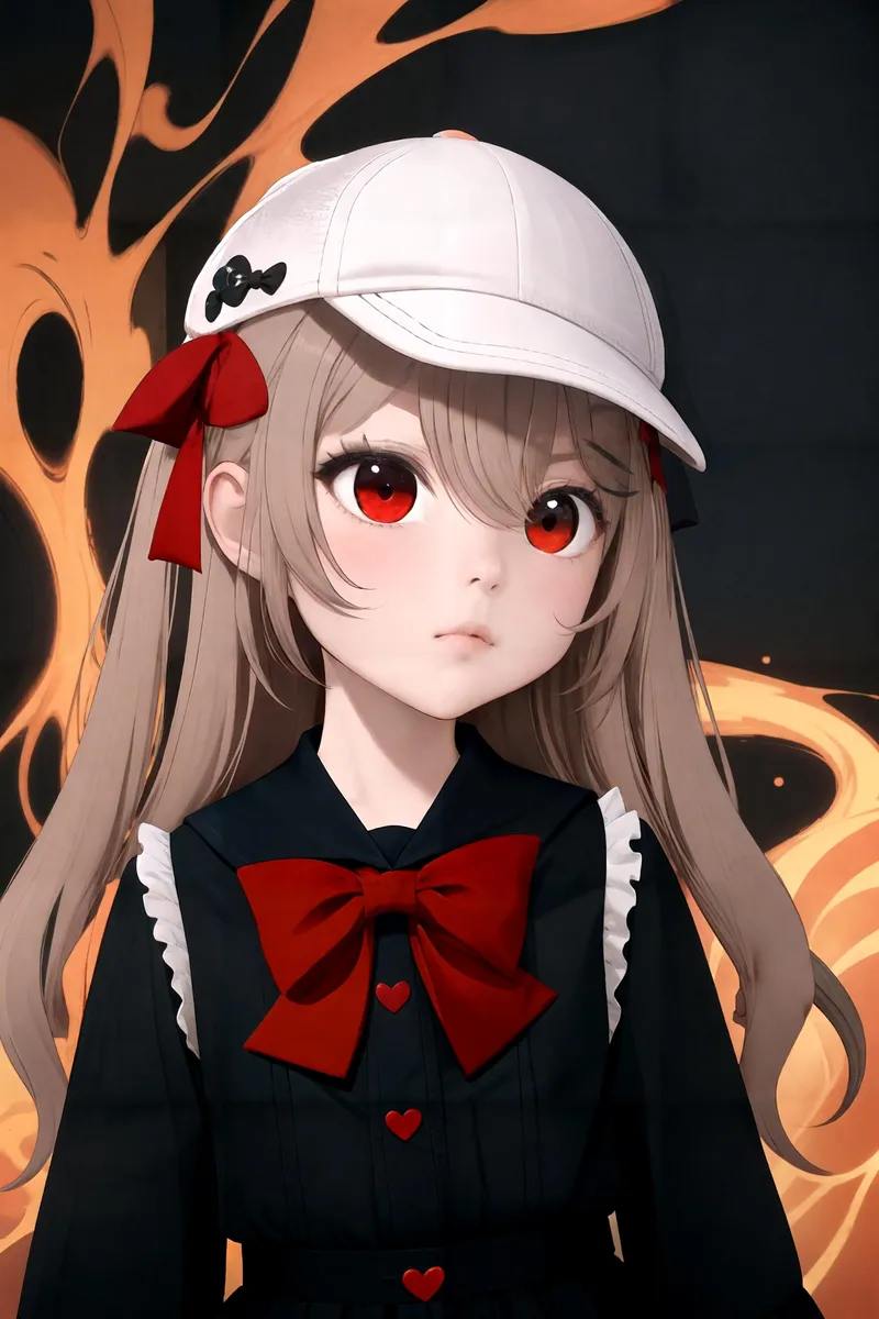 A cute anime girl with red eyes, long brown hair, wearing a white hat and a black dress with red bows. AI generated image using stable diffusion.