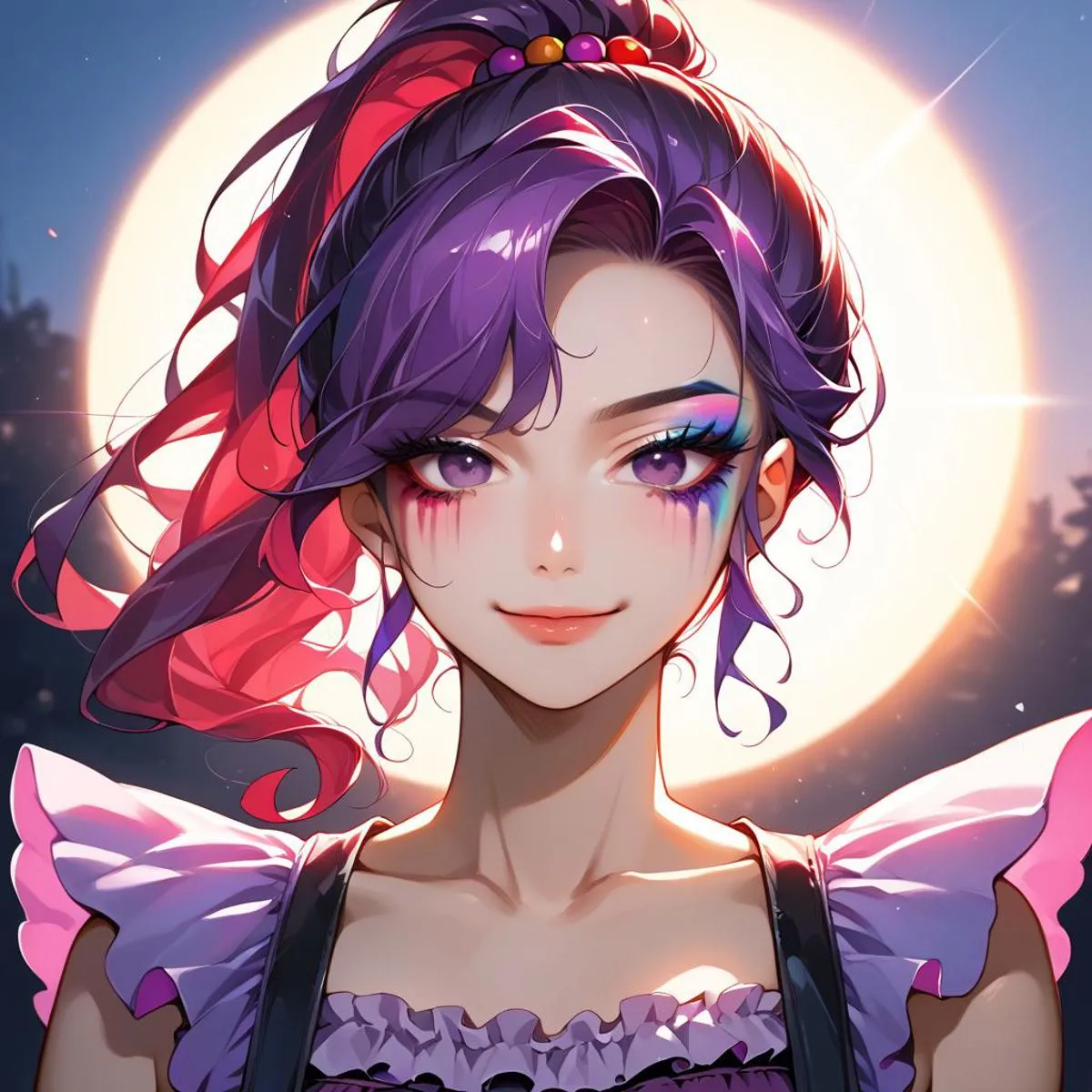 Anime style girl with purple and pink hair, colorful makeup, and a ruffled dress in front of a glowing moon. AI generated image using Stable Diffusion.