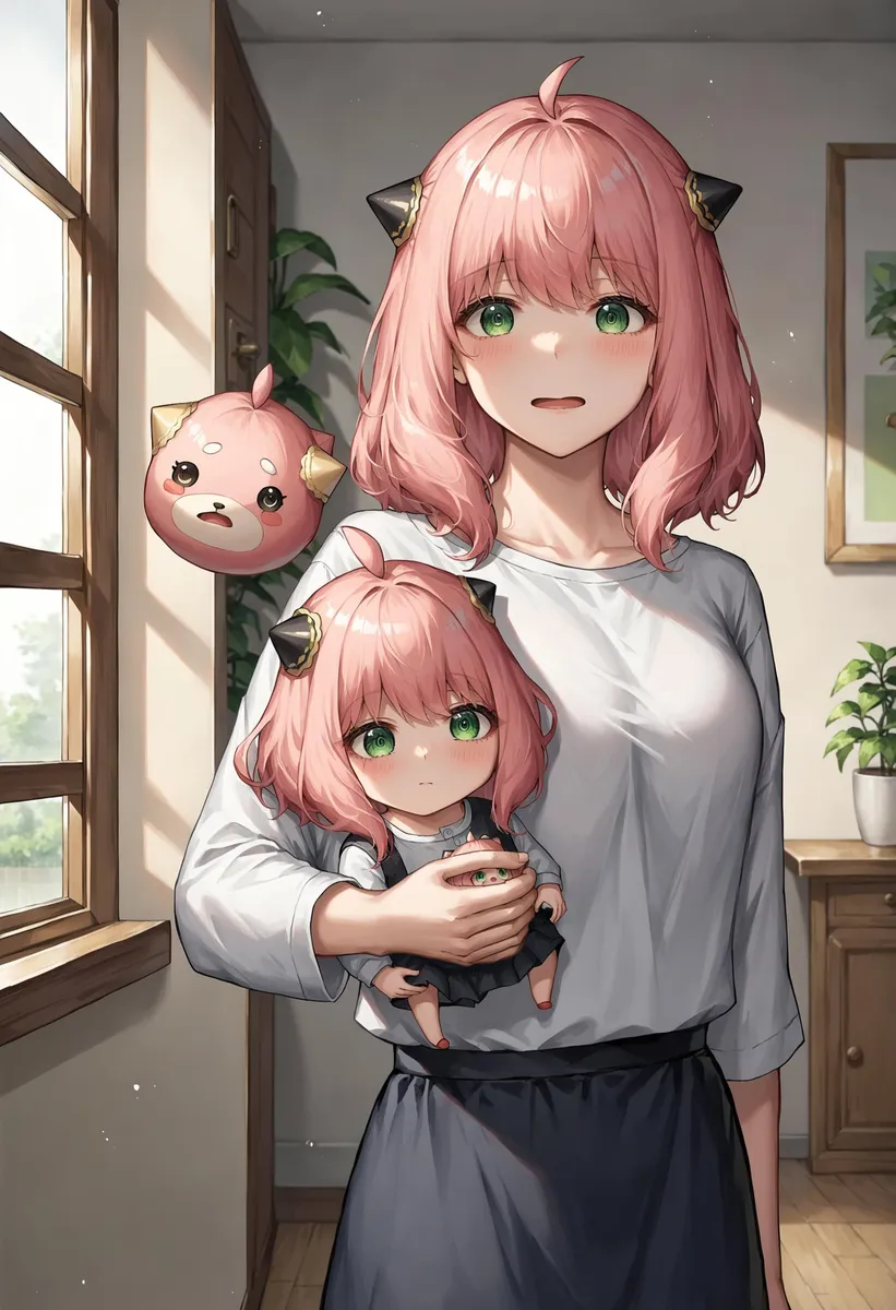 Anime girl with pink hair and green eyes holding a doll. AI generated image using stable diffusion.