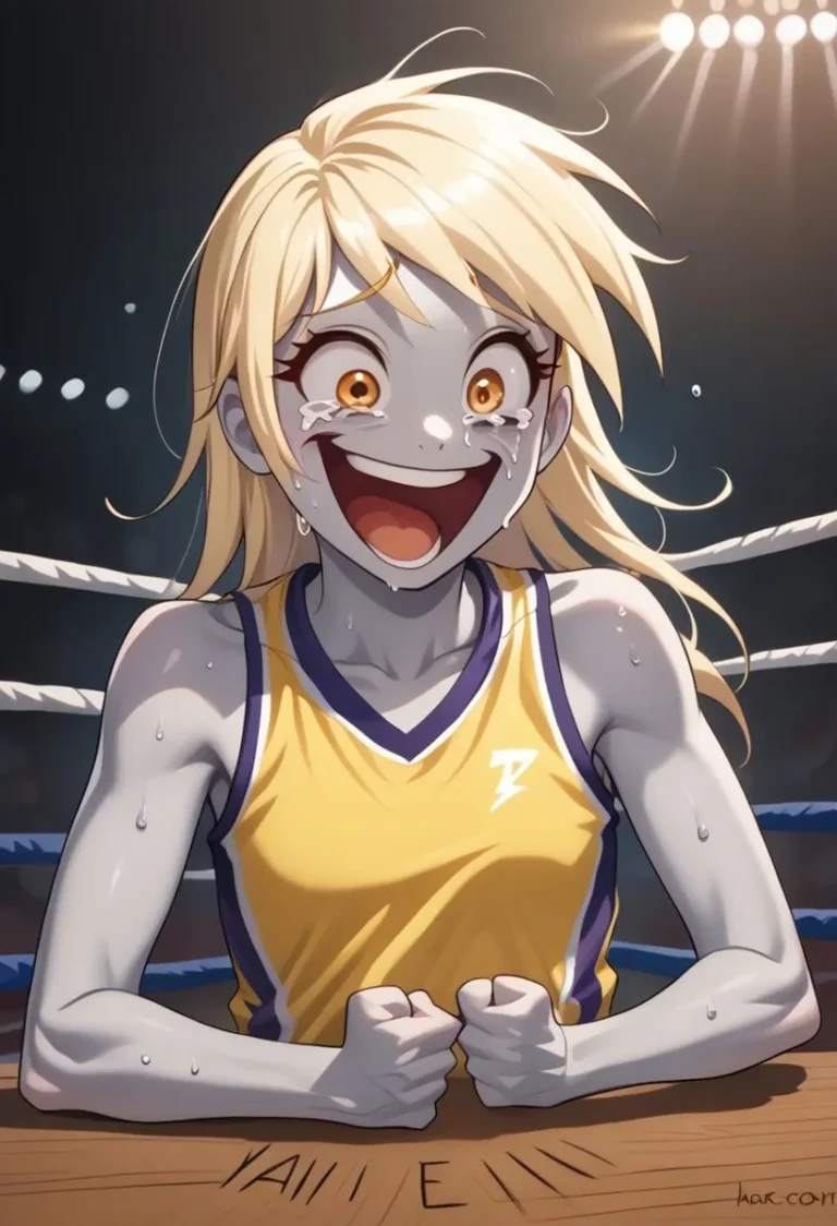 AI generated image using stable diffusion of an anime girl with blonde hair wearing a yellow basketball jersey, sweaty and excited with a beaming smile in a sports arena.