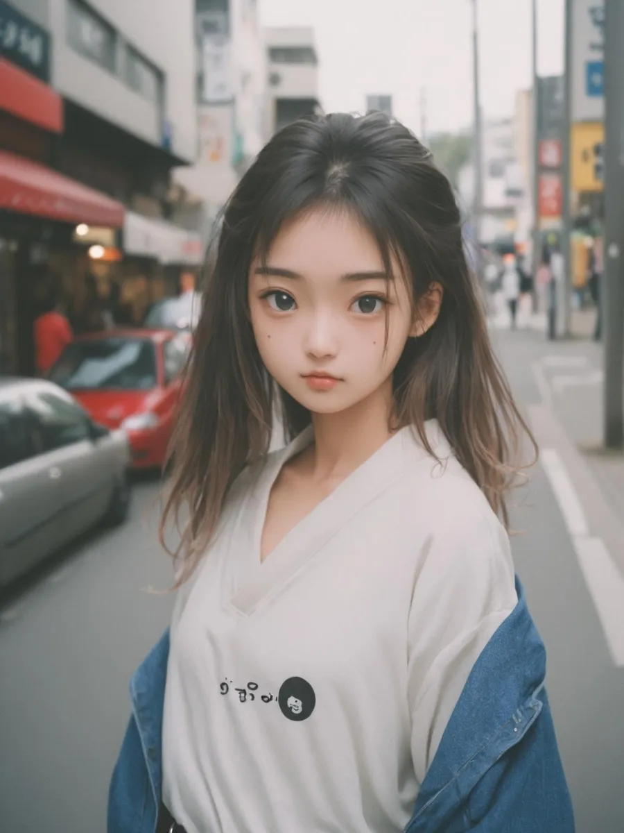 A realistic anime-style girl with large eyes standing on a city street. AI generated using Stable Diffusion.