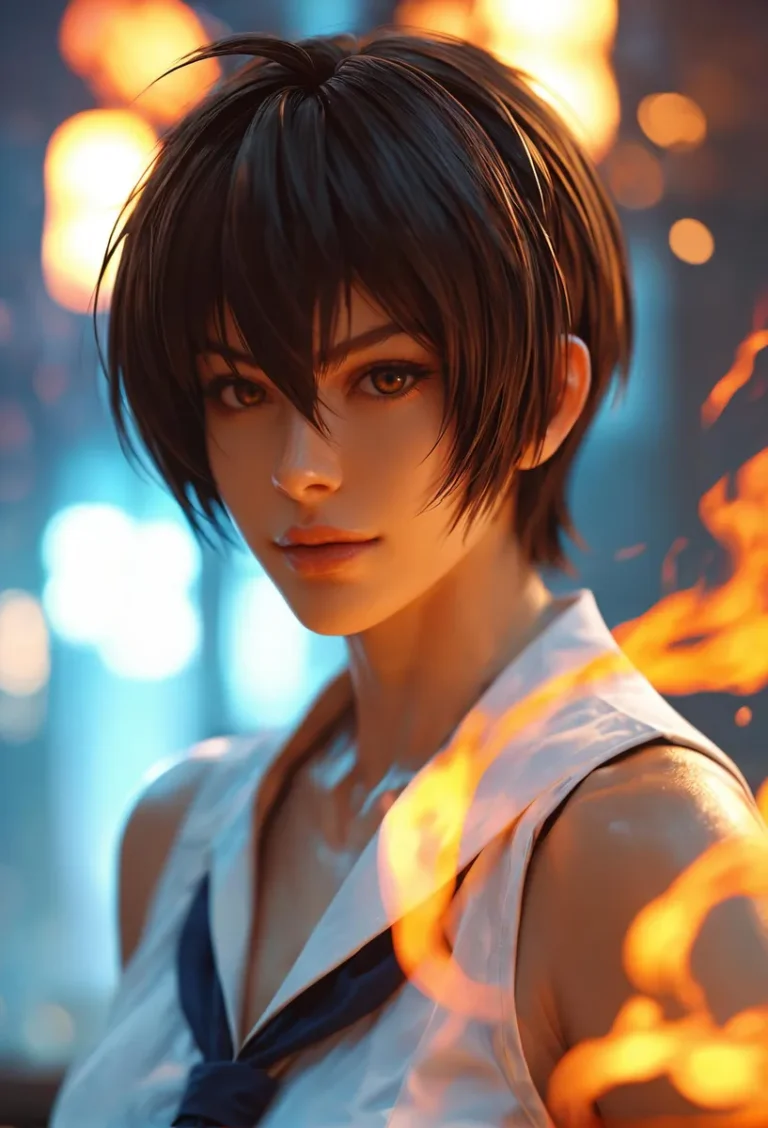 A highly detailed AI generated image using stable diffusion of an anime girl with short dark hair, creating dramatic contrast with flames in the background and foreground.