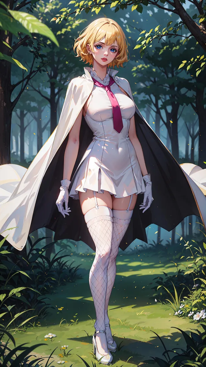AI-generated image using Stable Diffusion of an anime girl with blonde hair, wearing a white outfit with a red tie, thigh-high stockings, and a cape, standing in a lush green forest.