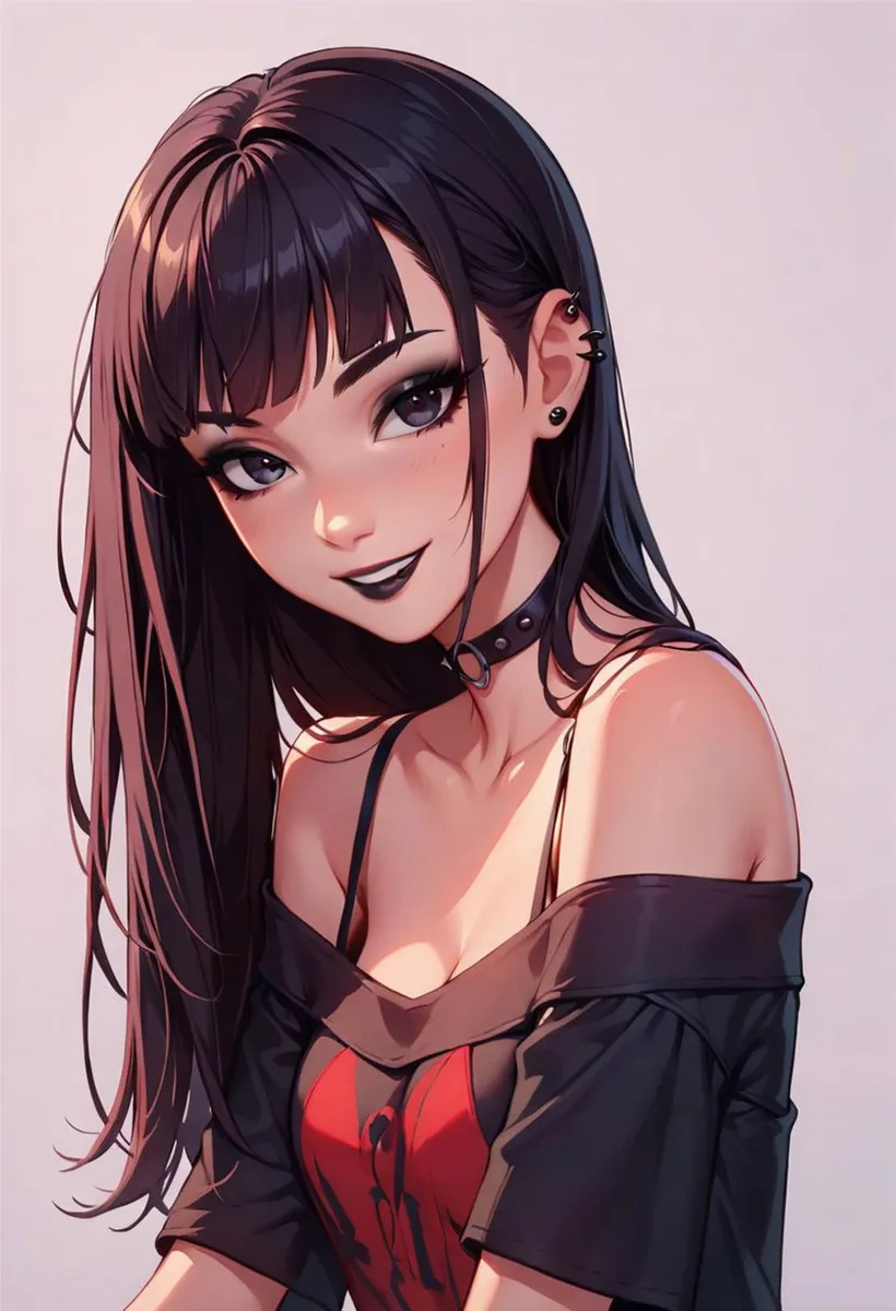 AI generated image using Stable Diffusion of an anime girl with long dark hair, gothic makeup, and a choker necklace.