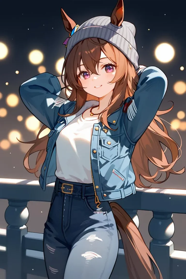 An AI generated image by Stable Diffusion featuring an anime-style girl with long brown hair, wearing a gray beanie with horse ears, a blue denim jacket, a white t-shirt, and high-waisted ripped jeans, standing against a cityscape background with glowing orbs of light.