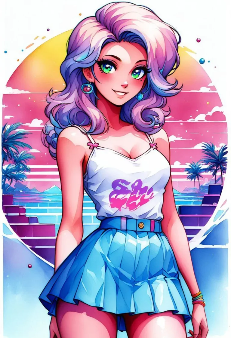 Anime style girl with purple hair and vibrant green eyes standing against a neon sunset background, wearing a blue skirt and white tank top. AI generated image using Stable Diffusion.