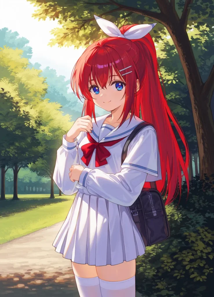 Anime girl with red hair and blue eyes wearing a school uniform and standing on a path in a scenic park. AI generated image using Stable Diffusion.