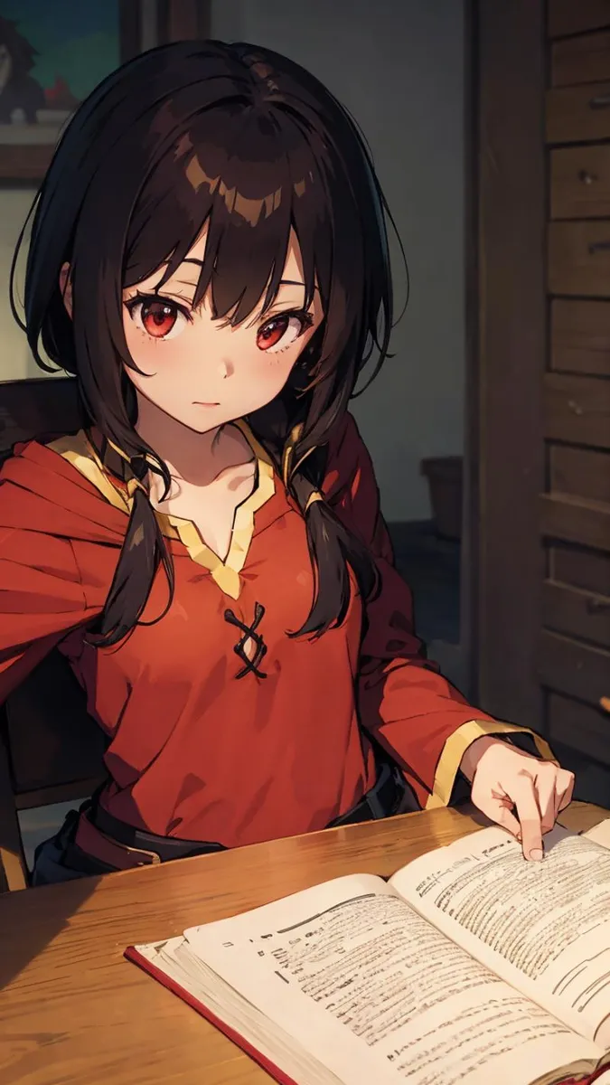 Anime girl with red eyes dressed in a red outfit studying an open book, AI generated image using Stable Diffusion.