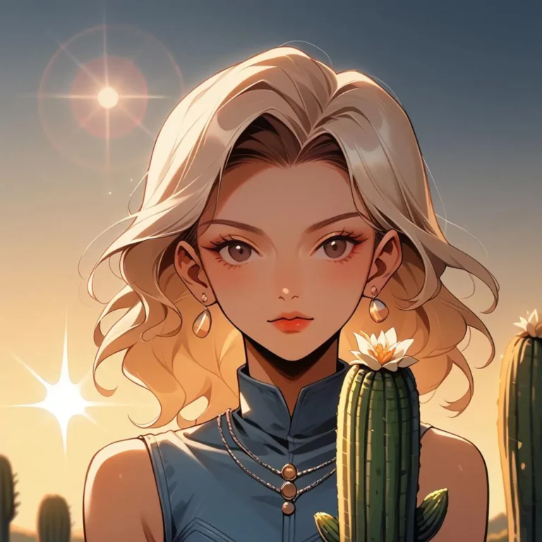Anime girl with blonde hair and a cactus flower at sunset, AI generated image using Stable Diffusion.
