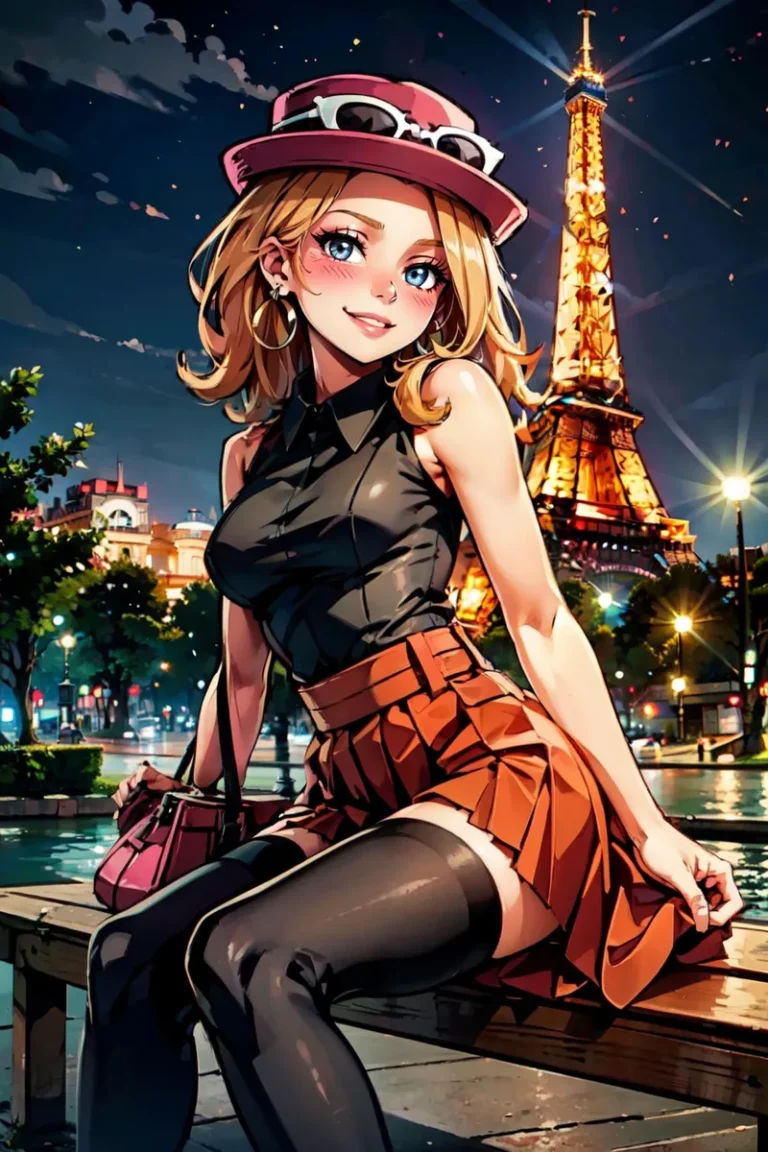 An anime-style image of a blonde girl in a fashionable outfit, sitting on a bench at night with the Eiffel Tower illuminated in the background. AI generated using Stable Diffusion.