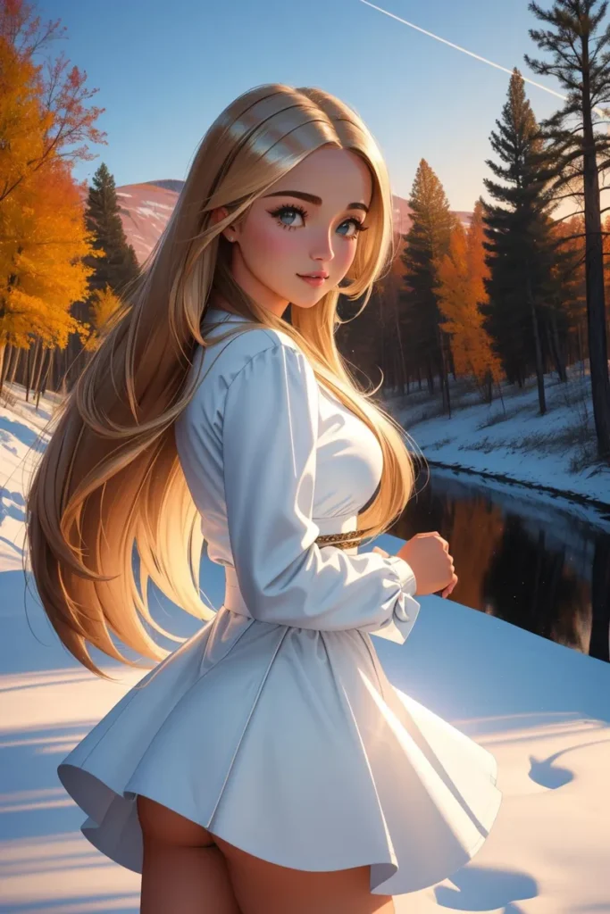 Anime girl with long blonde hair and a white dress standing by a snowy river in a winter landscape. AI generated image using stable diffusion.
