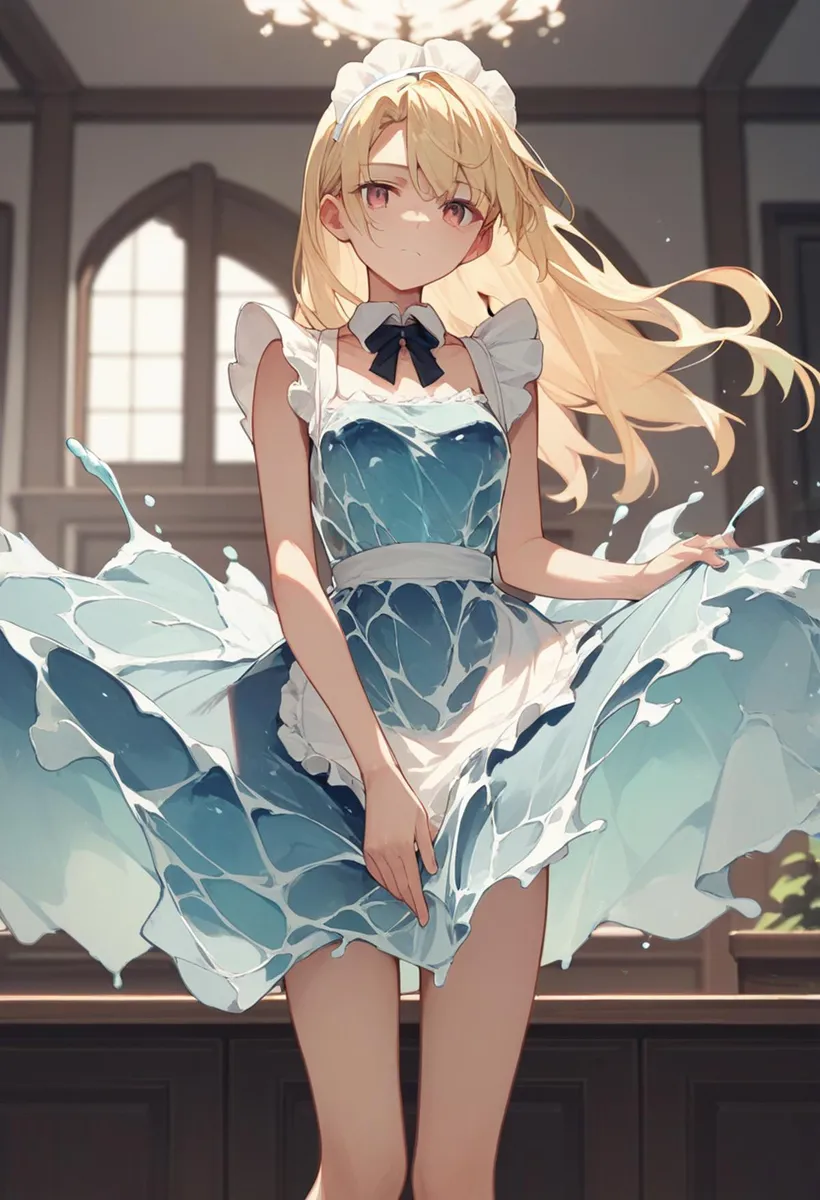 A blonde anime maid in a blue dress, generated using stable diffusion AI.