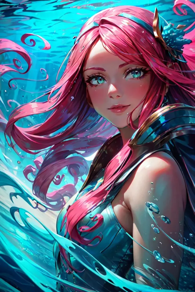 A vibrant depiction of an anime mermaid with flowing pink hair under the sea. Generated using stable diffusion by AI.
