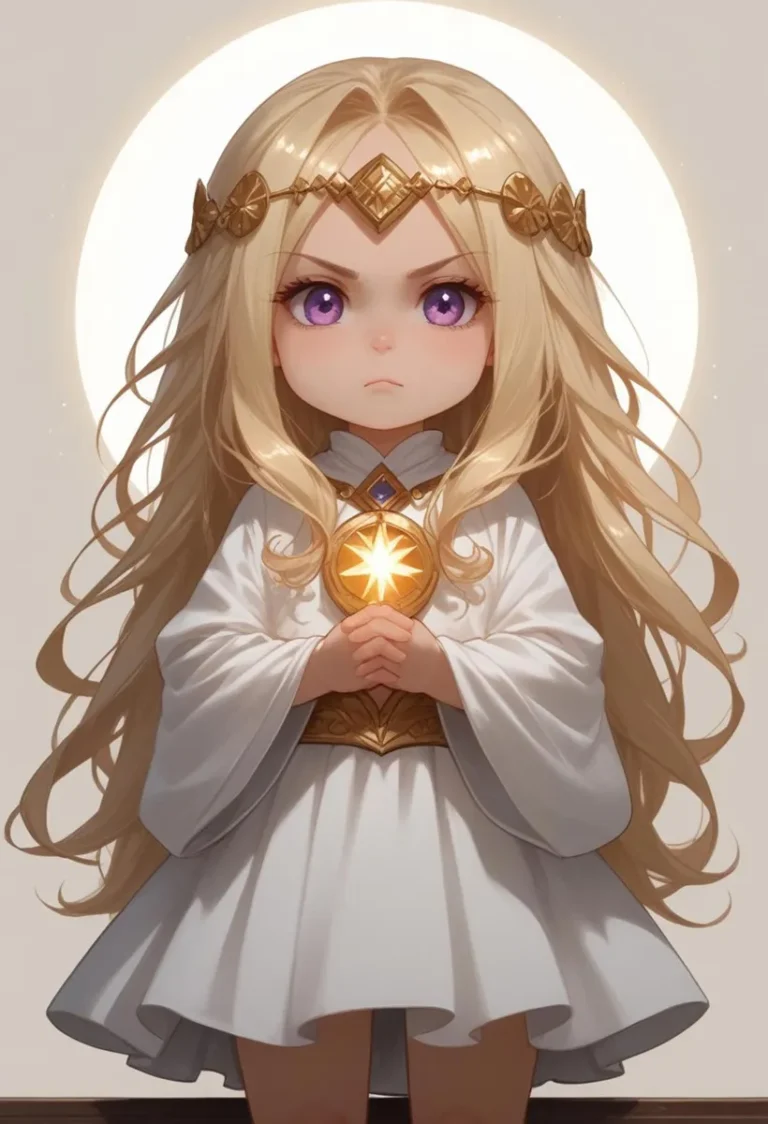 An anime-style princess with long blonde hair and a white dress holding a magical light, created using stable diffusion.